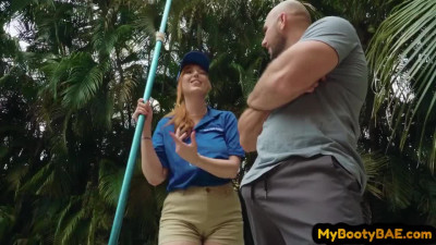 Bigass redhead anal MILF rides cock outdoor on swimming pool