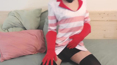 A skinny femboy cosplays Angel Dust, showing his cute cock and butt