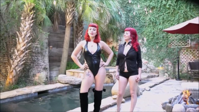 The RED SISTERS (Lady Karma and Roxie Burns) ballbusting Andrea Diprè