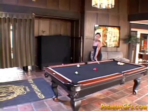 Fine ebony bitch fucked across pool table