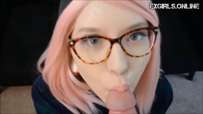 Cute girl with pink hair cum on face