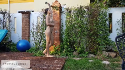 Pretty Woman Takes Outdoor Shower and Masturbates by the Pool