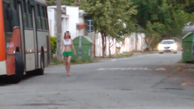 Exhibitionist HotWife with Nano Skirt and Top on Street