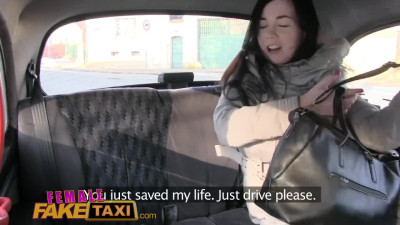 Female Fake Taxi Pretty Brunette has 1st Lesbian Orgasm with Strap-on Cock