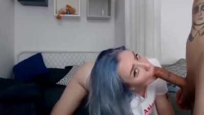 Blue haired cam girl sucks