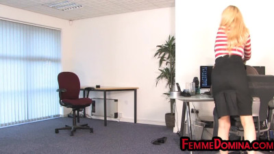 Femdom ballbusting CFNM domina hits guy balls in office