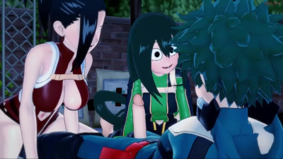 Deku fucks Tsuyu and Momo in a threeway. My Hero Academia.