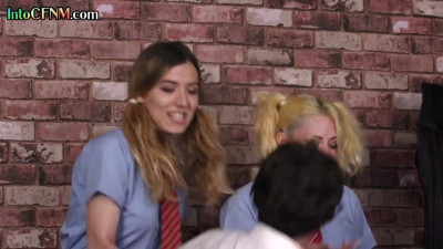 CFNM uniform college babes sucking classmates cock toghether