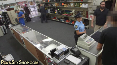 Pawnshop police slut fucked and facialized in office