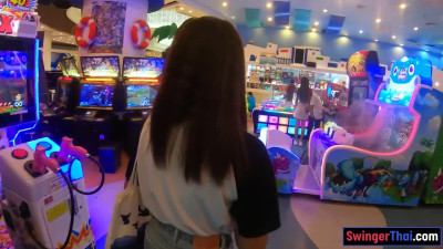 Young Thai MILF girlfriend jerks cock after a day out in the mall