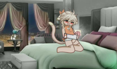 Catboy cumming on his masters bed