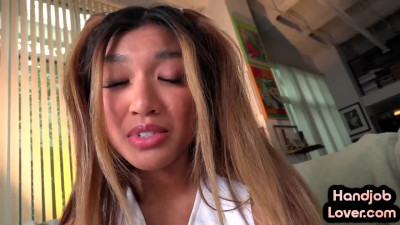 Asian HJ cheerleader wanks cock in dirty talking POV