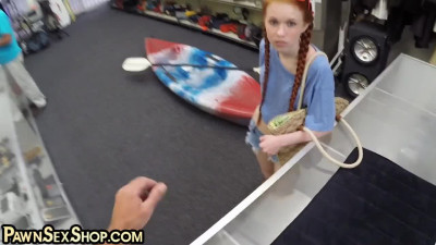 Pawnshop Redhead pussysmashed by owner in office after BJ