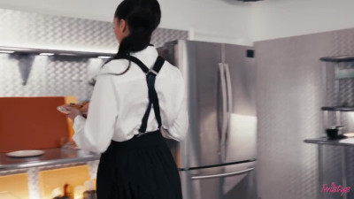 Alexis Tae and Ameena Green inside a kitchen in several different lesbian scenes