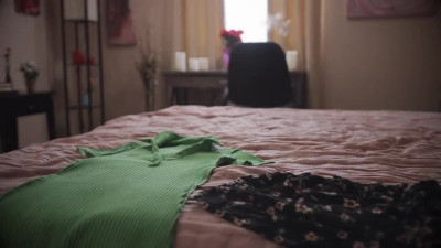 Penny Barber and Cherry Candle on a grey coloured bed in several lesbian scenes