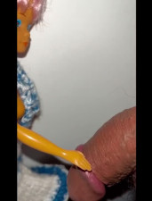 Dirty secondhand pink hair Barbie Doll with home made dress precum facial cumshot