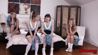 Five gorgeous cheerleader MILFS on a grey and white bed in lesbian and dildo scenes