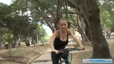 Busty fit teen slut cycles around town