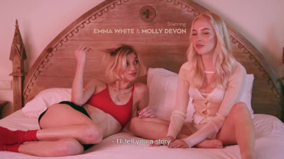 Emma White and Molly Devon on a white coloured bed in several lesbian scenes