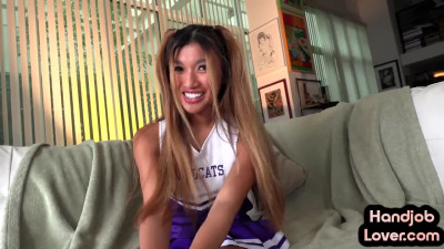 Petite Asian cheerleader gives POV HJ with her 21yo hands