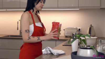 Baiba Doll and Lisbet inside a kitchen in several different lesbian scenes together