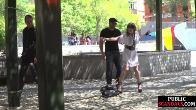 Public BDSM slut whipped and humiliated in front of voyeurs