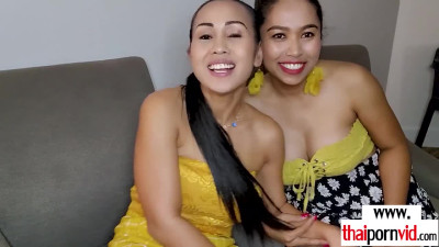 Amateur Thai lesbian MILF Joon Mali dildoed by her busty asian GF Anda