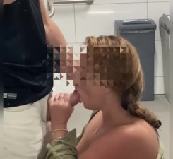 Blowjob and handjob with facial cumshot in a public bathroom