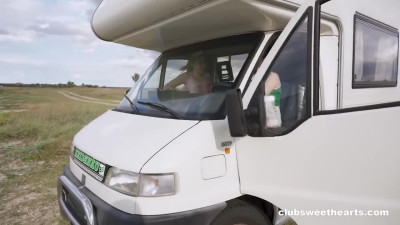 Emma Korti and Kira Viburn inside a camper van in several lesbian scenes together