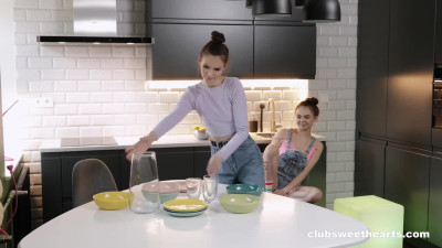 Ellis Baileys and Mia Grandy inside a kitchen in several different lesbian scenes