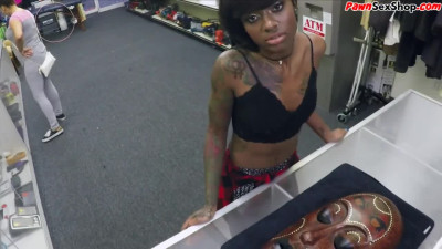 Inked Ebony slut with small boobs public fucked in pawnshop