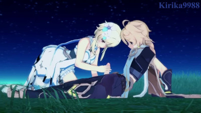 Lumine and Aether have intense sex in the meadow at night. - Genshin Impact Hentai