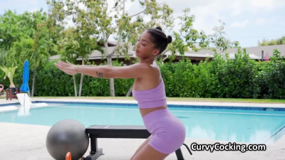 Lubed ebony wants dick poolside during workout