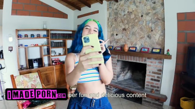 Lucky Stud Interrupts Gorgeous Blue Haired Babe Making Adult Tik Tok Video And Joins For A Quickie